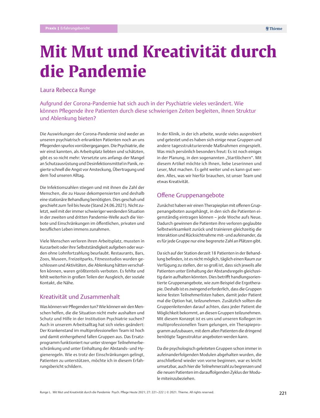 Vorschauseite 1: Mit Mut und Kreativität durch die Pandemie