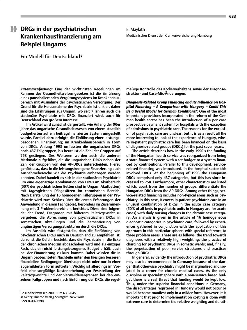 Vorschauseite 1: DRGs in der psychiatrischen Krankenhausfinanzierung am Beispiel Ungarns