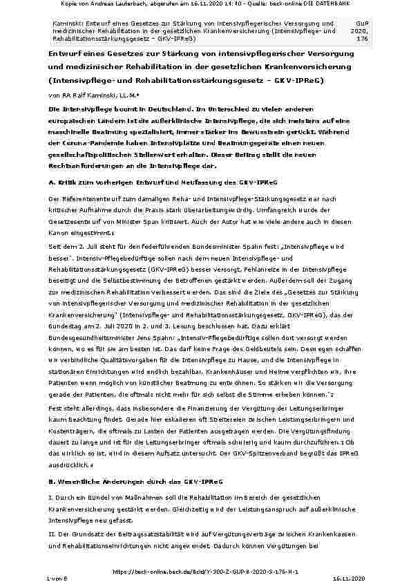 Vorschauseite 1: Entwurf eines Gesetzes zur Stärkung von intensivpflegerischer Versorgung und medizinischer Rehabilitation in der gesetzlichen Krankenversicherung (Intensivpflegeund Rehabilitation…