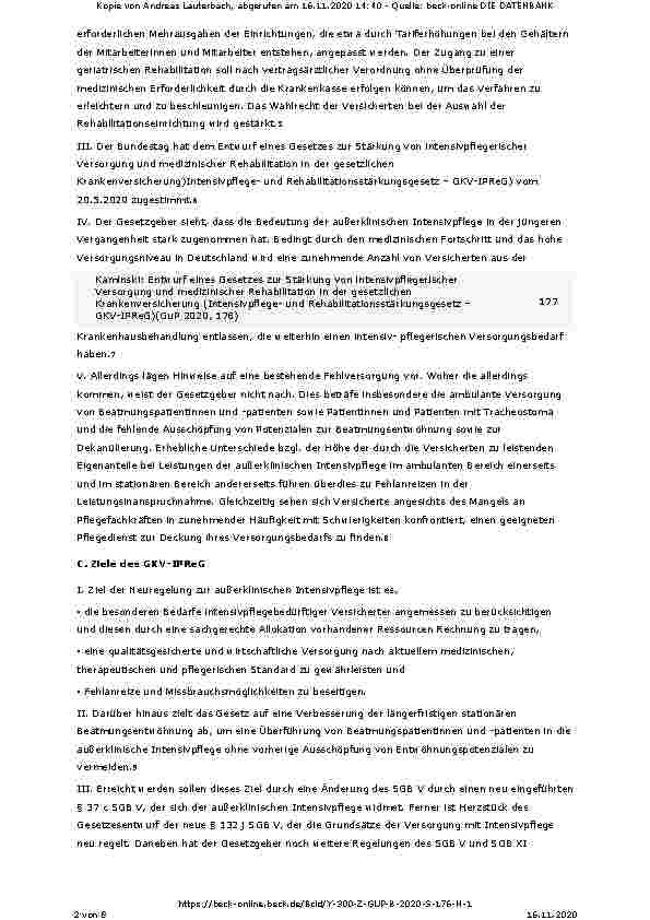 Vorschauseite 2: Entwurf eines Gesetzes zur Stärkung von intensivpflegerischer Versorgung und medizinischer Rehabilitation in der gesetzlichen Krankenversicherung (Intensivpflegeund Rehabilitation…