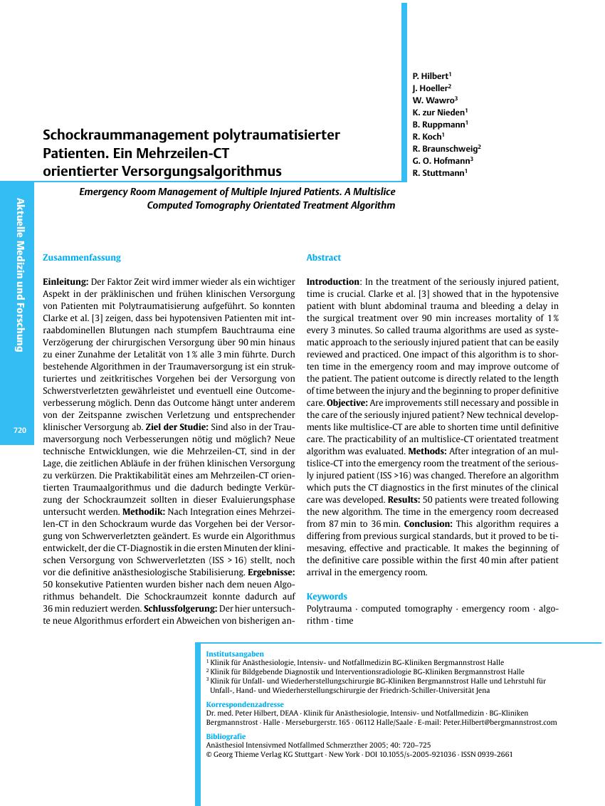 Vorschauseite 1: Schockraummanagement polytraumatisierter Patienten. Ein Mehrzeilen-CT orientierter Versorgungsalgorithmus
