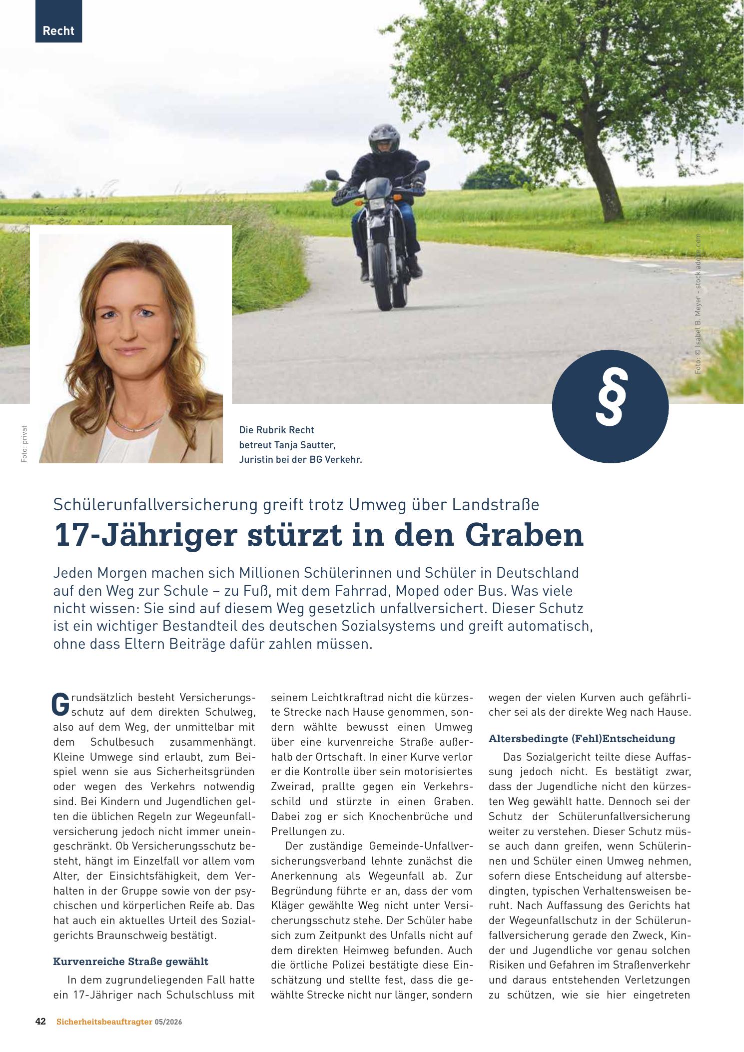 Vorschauseite 1: Schülerunfallversicherung greift trotz Umweg über Landstraße . 17-Jähriger stürzt in den Graben