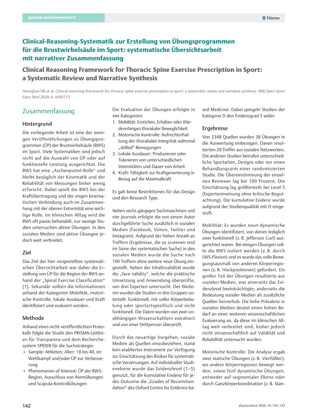 Vorschauseite 1: Clinical-Reasoning-Systematik zur Erstellung von Übungsprogrammen für die Brustwirbelsäule im Sport: systematische Übersichtsarbeit mit narrativer Zusammenfassung