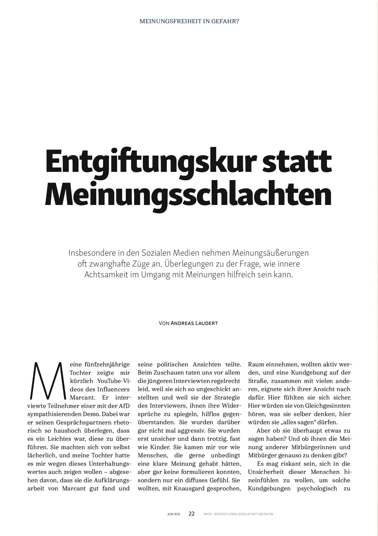 Vorschauseite 1: Entgiftungskur statt Meinungsschlachten