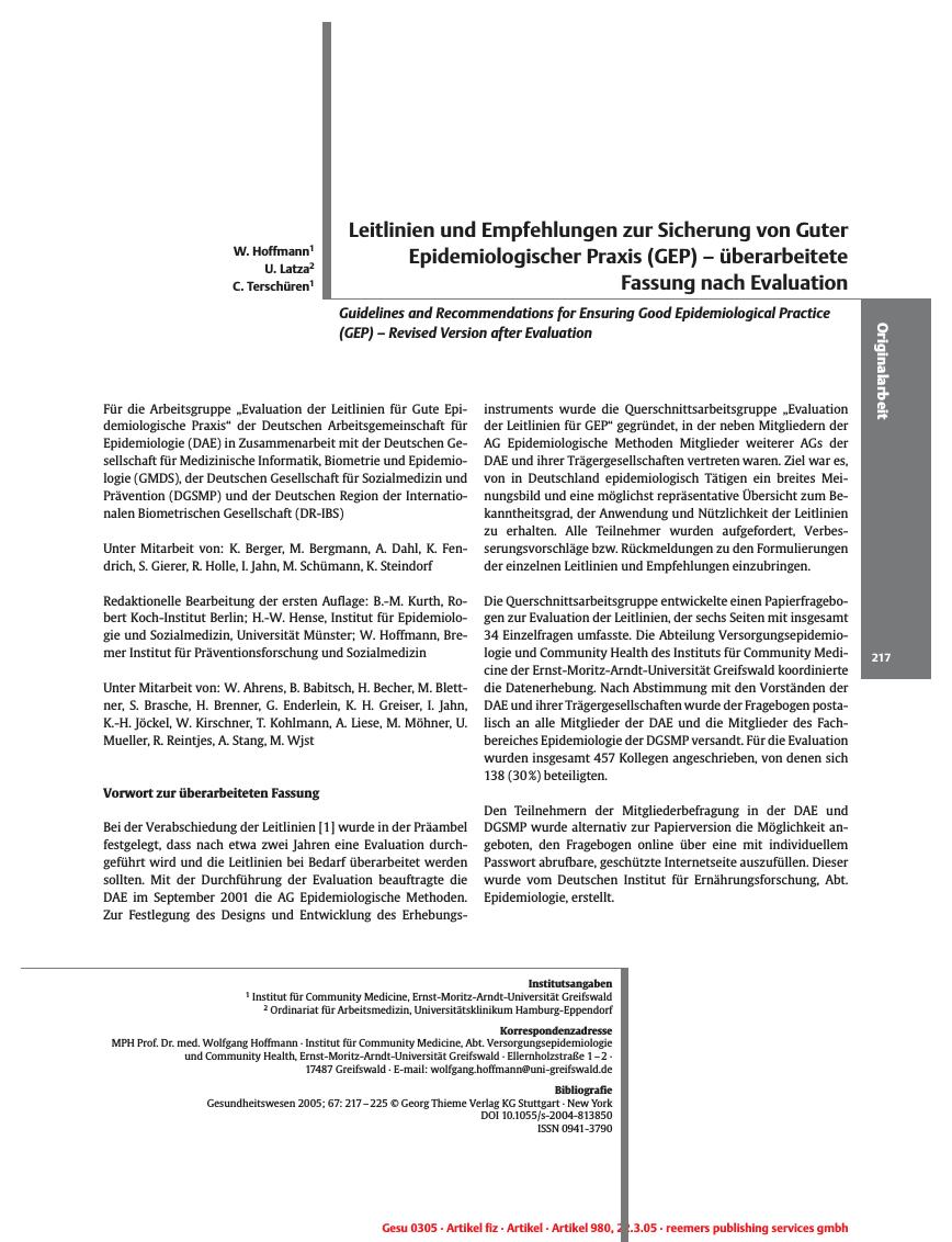 Vorschauseite 1: Leitlinien und Empfehlungen zur Sicherung von Guter Epidemiologischer Praxis (GEP) - überarbeitete Fassung nach Evaluation