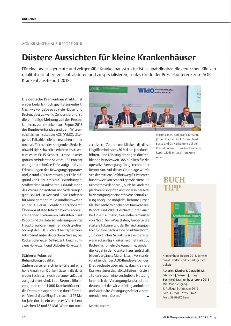 Vorschauseite 1: AOK-Krankenhaus-Report 2018: Düstere Aussichten für kleine Krankenhäuser