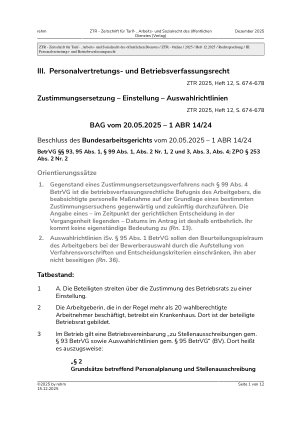 Vorschauseite 1: III. Personalvertretungsund Betriebsverfassungsrecht Zustimmungsersetzung – Einstellung – Auswahlrichtlinien