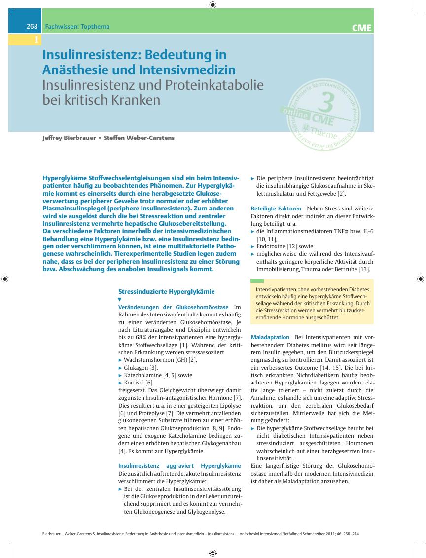 Vorschauseite 1: Insulinresistenz: Bedeutung in Anästhesie und Intensivmedizin – Insulinresistenz und Proteinkatabolie bei kritisch Kranken