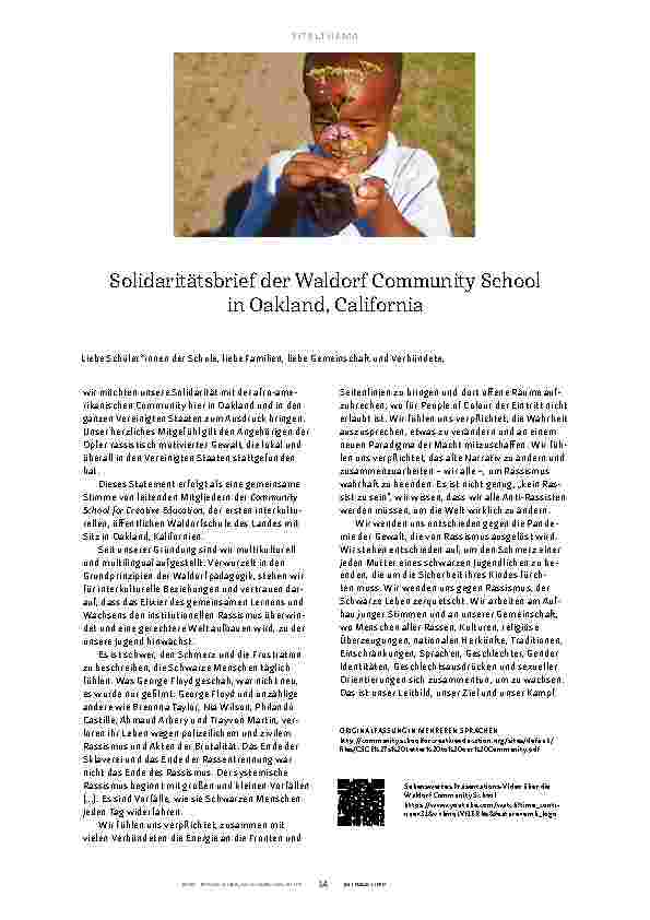 Vorschauseite 1: Solidaritätsbrief der Waldorf Community School in Oakland, Kalifornien