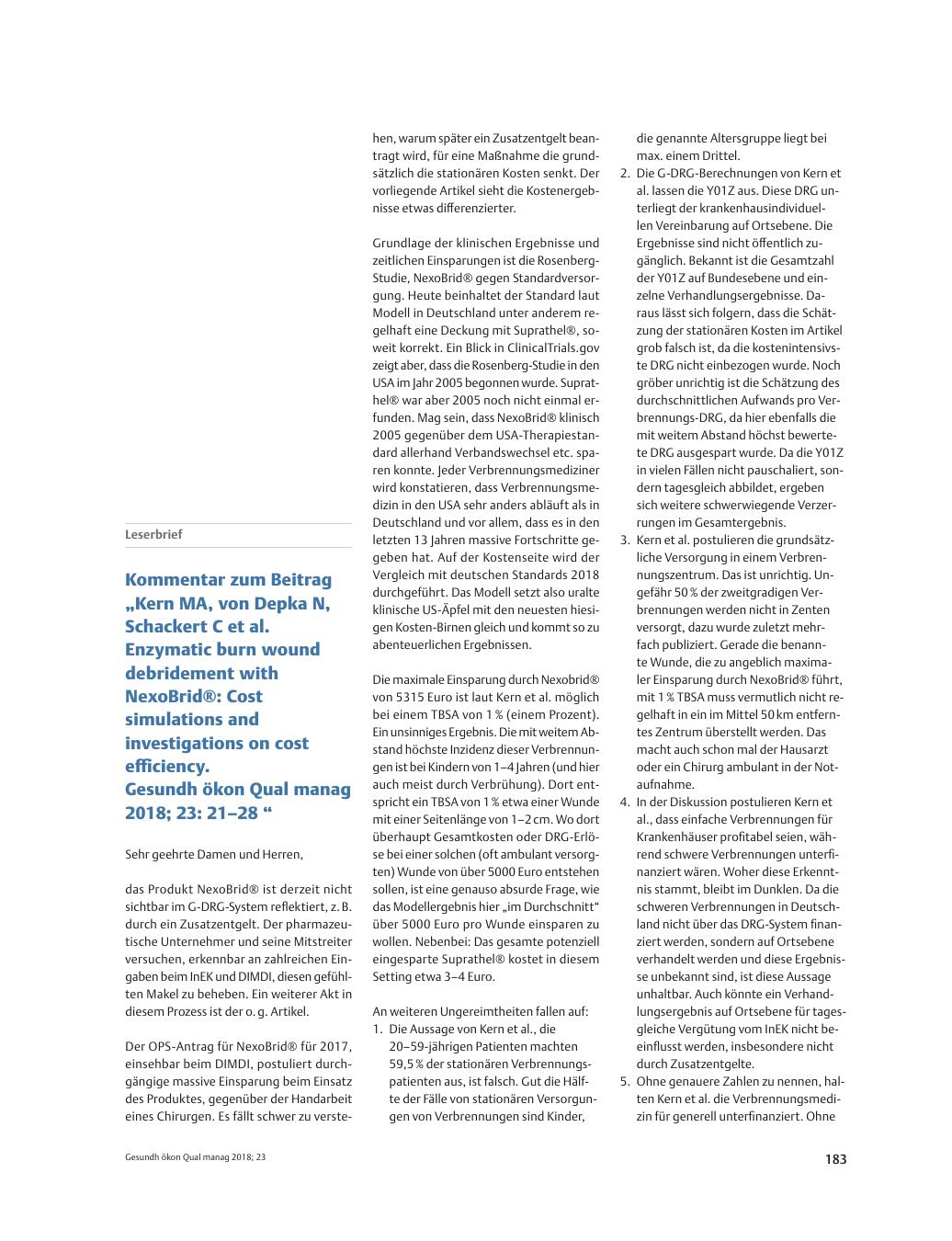 Vorschauseite 1: Leserbrief – Kommentar zum Beitrag „Kern MA, von Depka N, Schackert C et al. Enzymatic burn wound debridement with NexoBrid ®: Cost simulations and investigations on cost efficien…