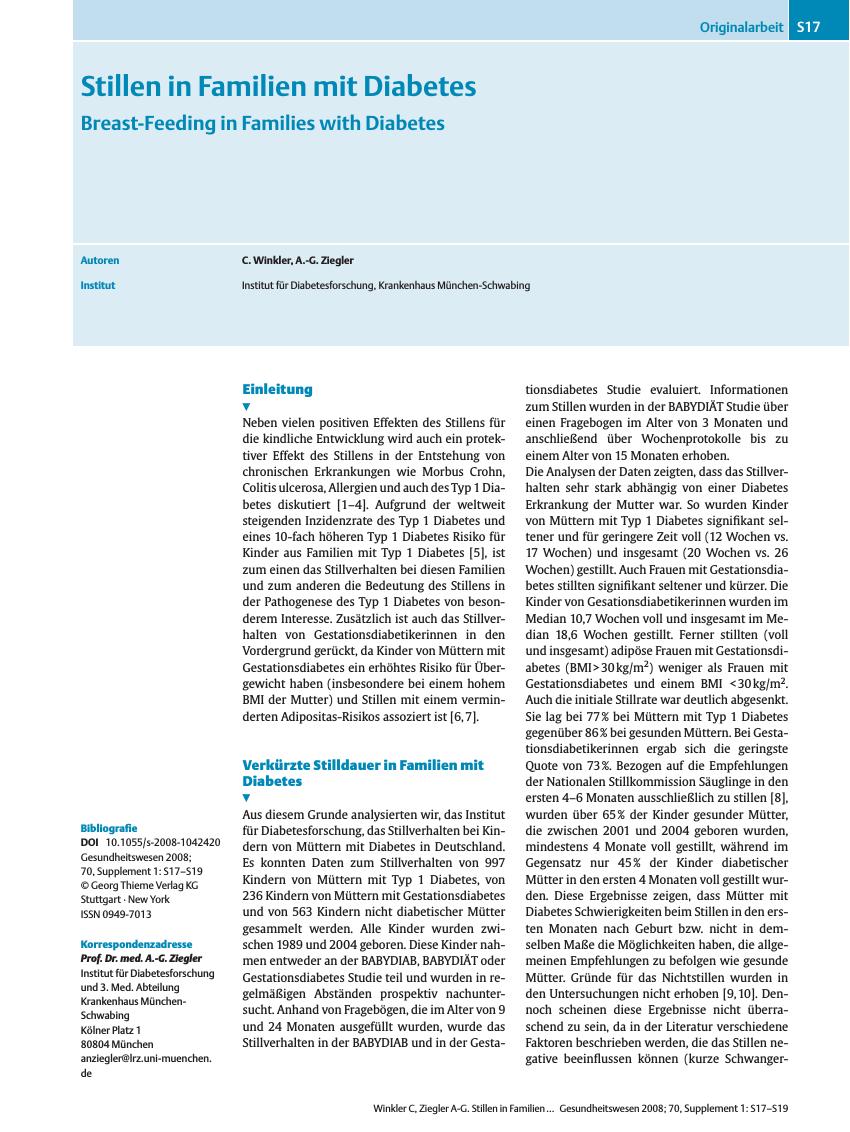 Vorschauseite 1: Stillen in Familien mit Diabetes
