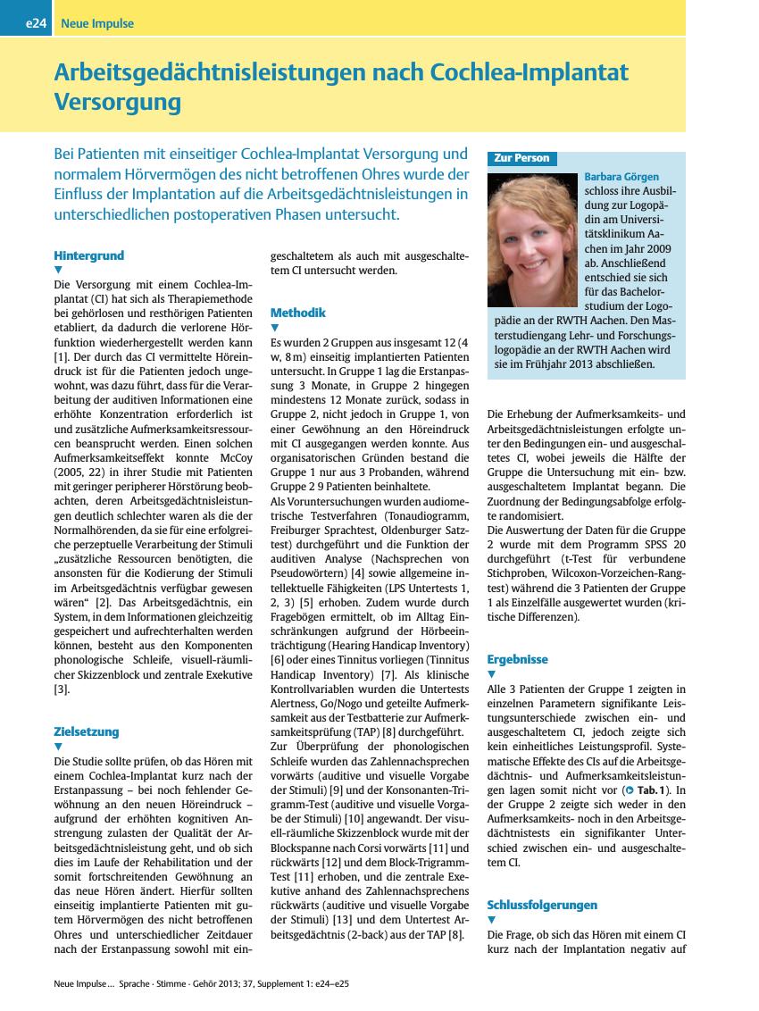 Vorschauseite 1: Arbeitsgedächtnisleistungen nach Cochlea-ImplantatVersorgung