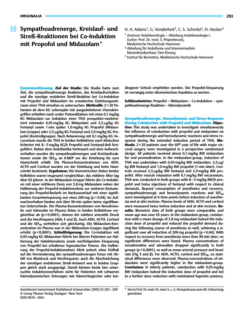 Vorschauseite 1: Sympathoadrenerge, Kreislaufund Streß-Reaktionen bei Co-Induktion mit Propofol und Midazolam*