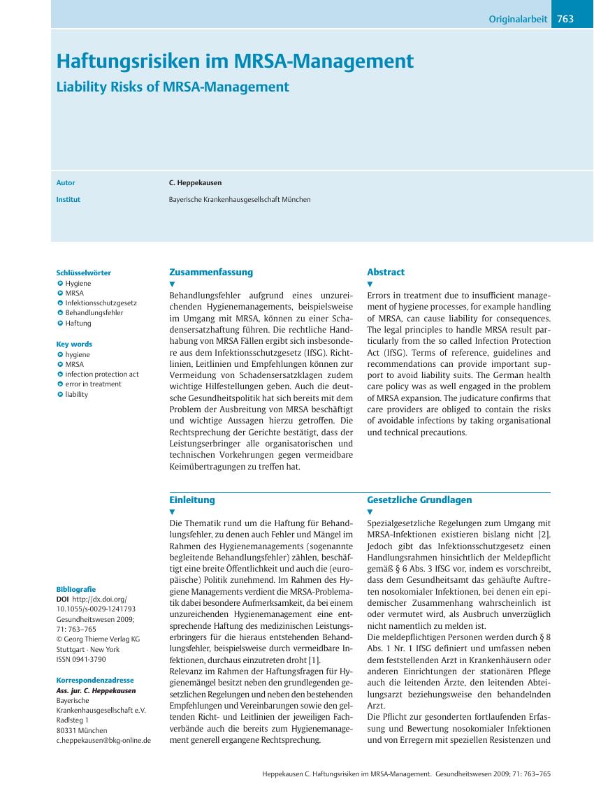 Vorschauseite 1: Haftungsrisiken im MRSA-Management