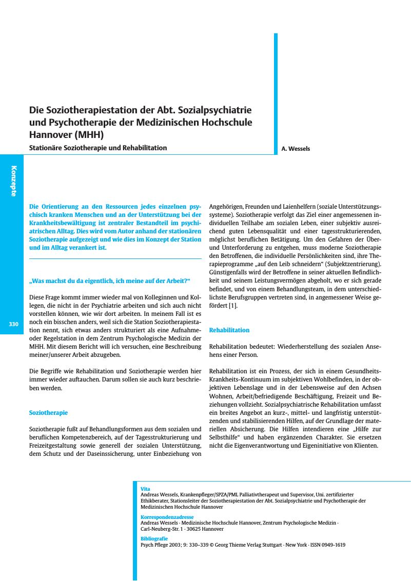 Vorschauseite 1: Die Soziotherapiestation der Abt. Sozialpsychiatrie und Psychotherapie der Medizinischen Hochschule Hannover (MHH)