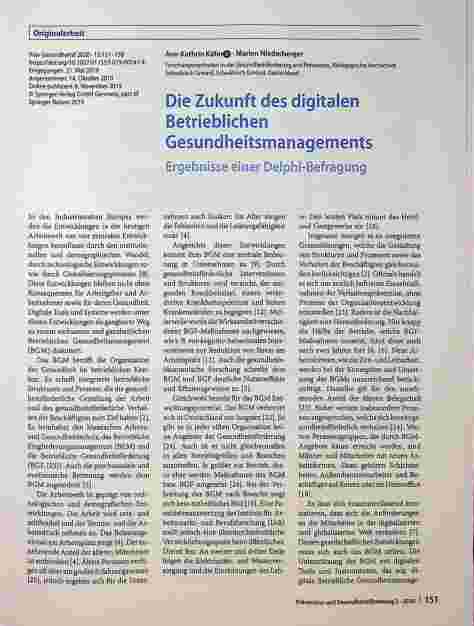 Vorschauseite 1: Die Zukunft des digitalen Betrieblichen Gesundheitsmanagements: Ergebnisse einer Delphi-Befragung