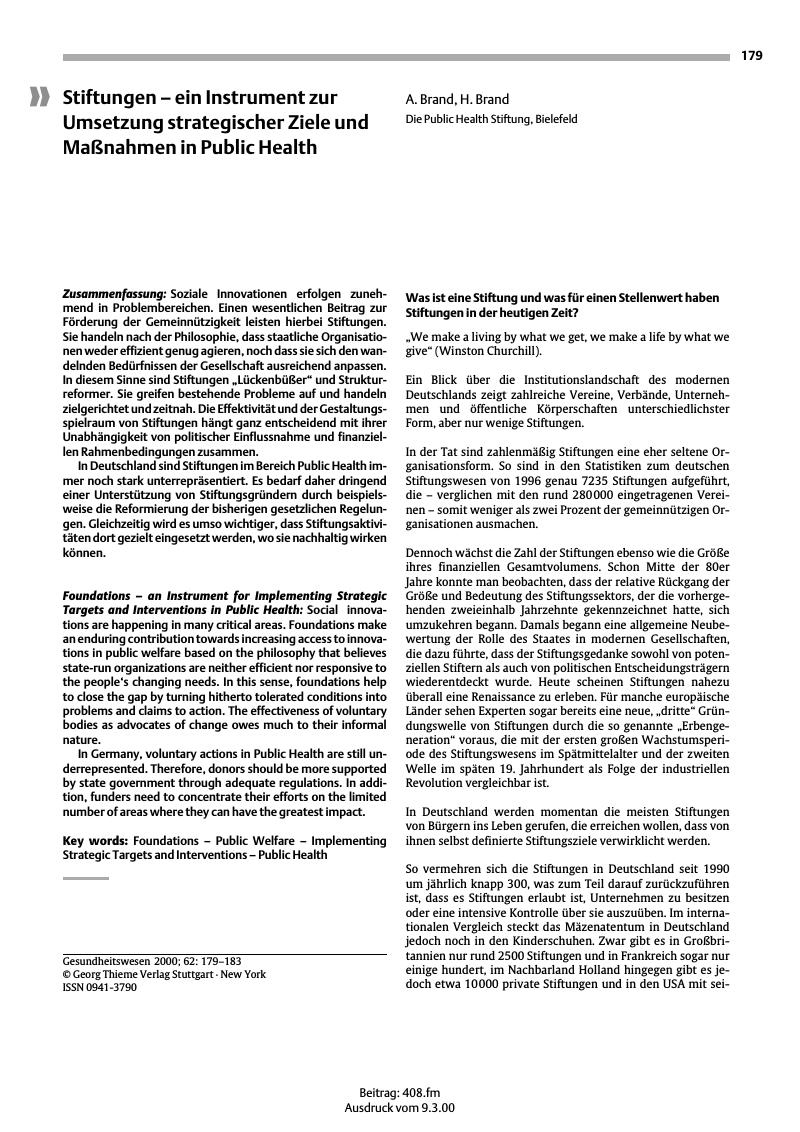 Vorschauseite 1: Stiftungen - ein Instrument zur Umsetzung strategischer Ziele und Maßnahmen in Public Health