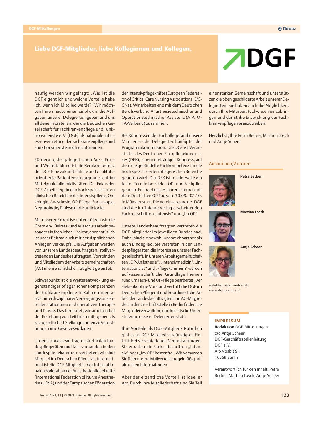 Vorschauseite 1: Liebe DGF-Mitglieder, liebe Kolleginnen und Kollegen,