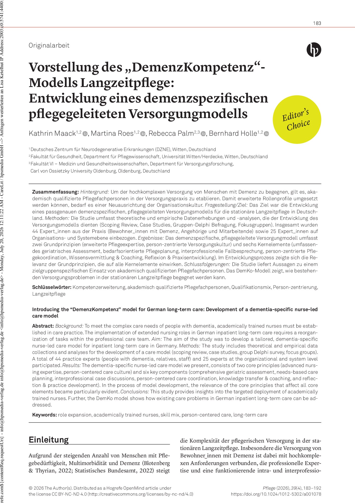 Vorschauseite 1: Vorstellung des „DemenzKompetenz“-Modells Langzeitpflege: Entwicklung eines demenzspezifischen pflegegeleiteten Versorgungsmodells