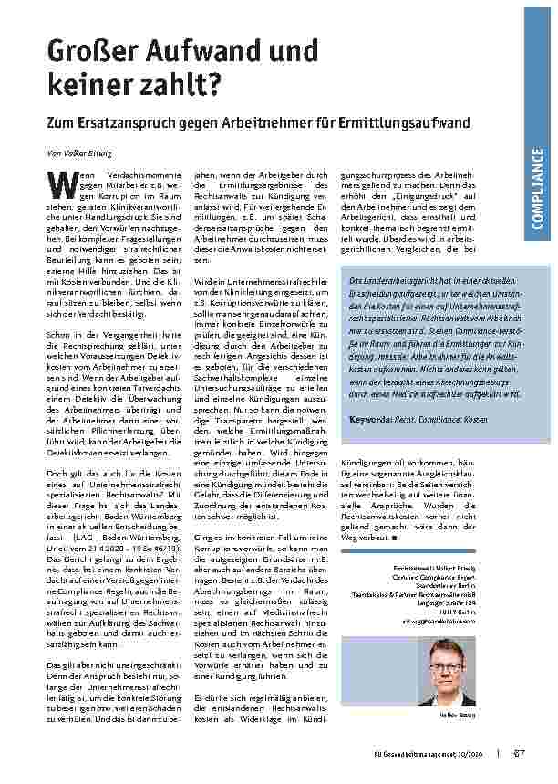 Vorschauseite 1: Großer Aufwand und keiner zahlt? Zum Ersatzanspruch gegen Arbeitnehmer für Ermittlungsaufwand.