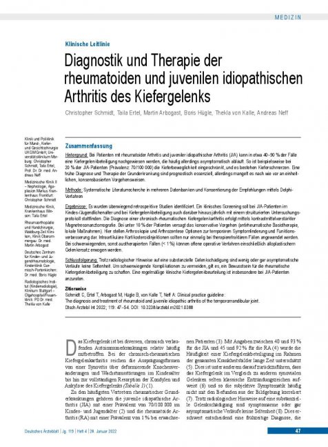 Vorschauseite 1: Diagnostik und Therapie der rheumatoiden und juvenilen idiopathischen Arthritis des Kiefergelenks