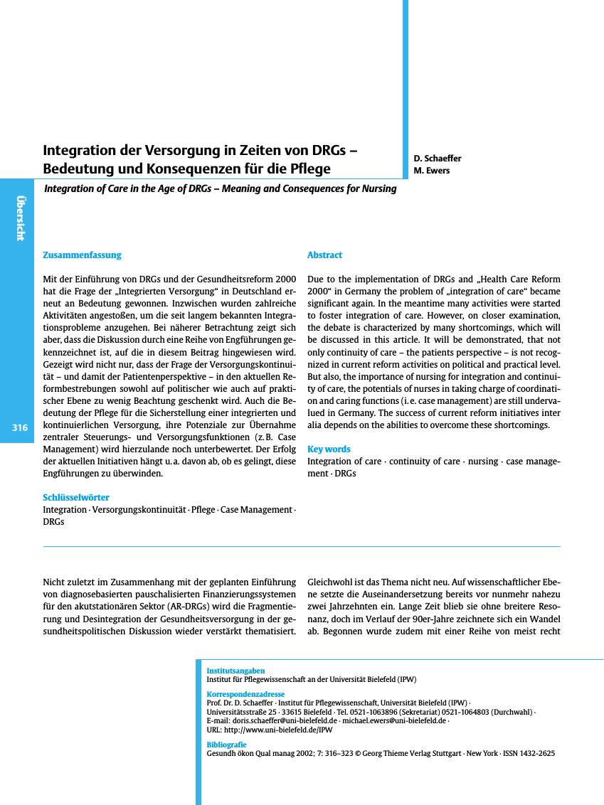 Vorschauseite 1: Integration der Versorgung in Zeiten von DRGs - Bedeutung und Konsequenzen für die Pflege