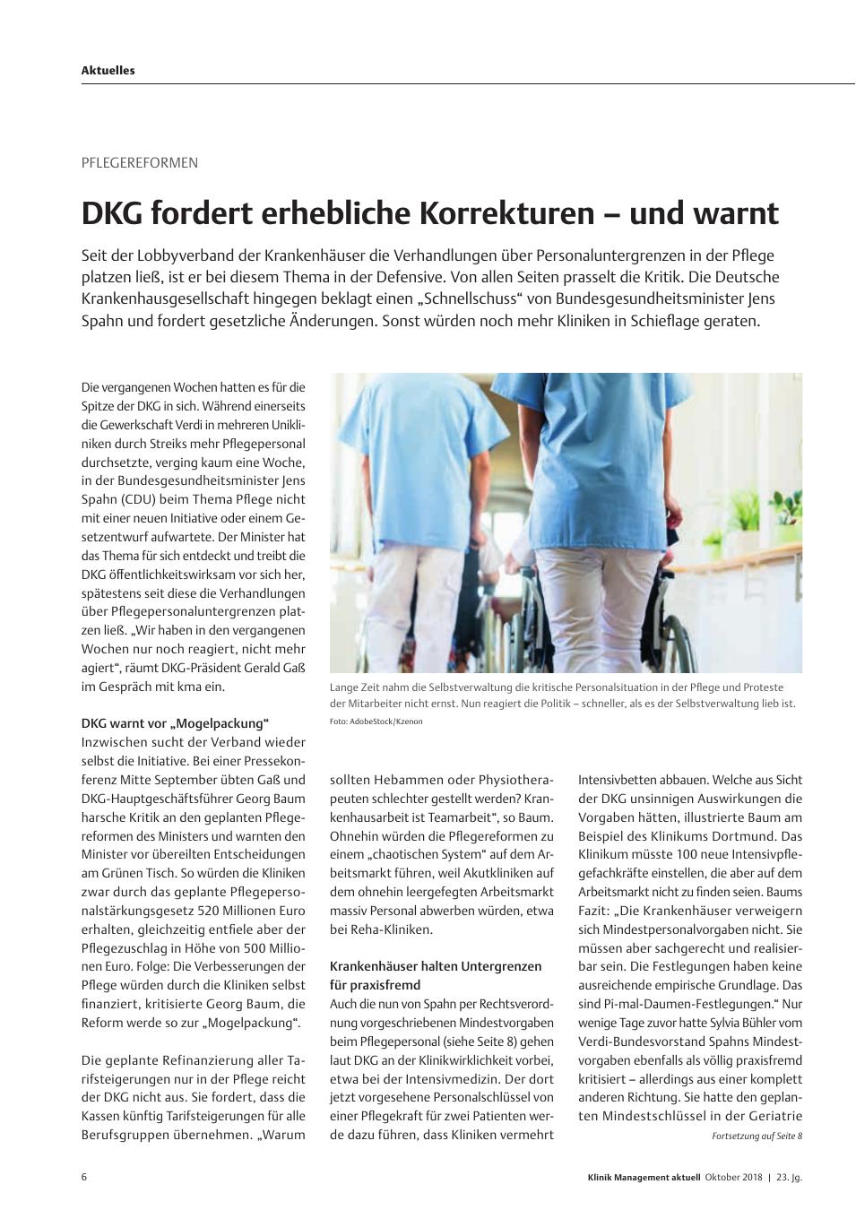 Vorschauseite 1: Pflegereformen: DKG fordert erhebliche Korrekturen ? und warnt