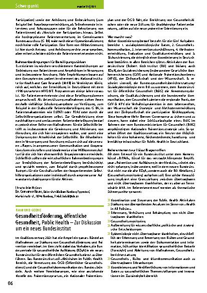 Vorschauseite 1: Gesundheitsförderung, öffentliche Gesundheit, Public Health – Zur Diskussion um ein neues Bundesinstitut