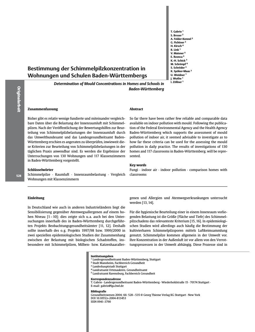 Vorschauseite 1: Bestimmung der Schimmelpilzkonzentration in Wohnungen und Schulen Baden-Württembergs