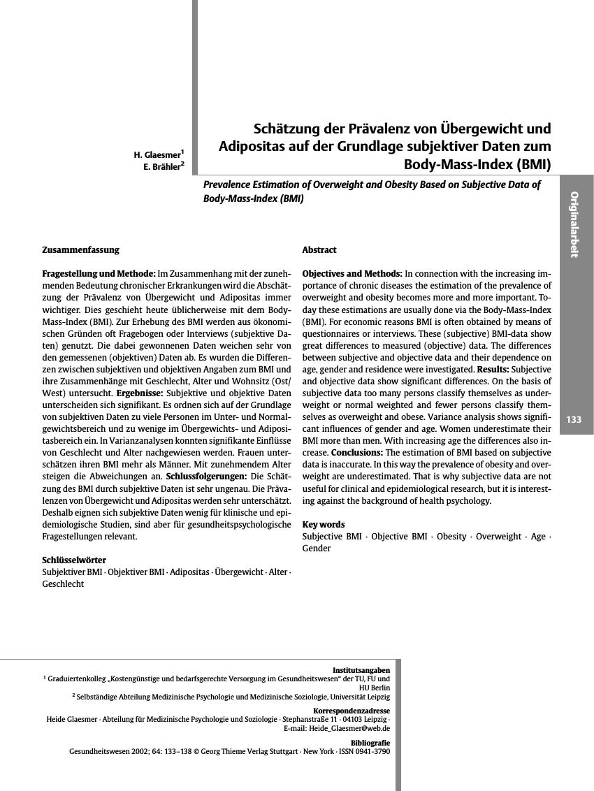 Vorschauseite 1: Schätzung der Prävalenz von Übergewicht und Adipositas auf der Grundlage subjektiver Daten zum Body-Mass-Index (BMI)
