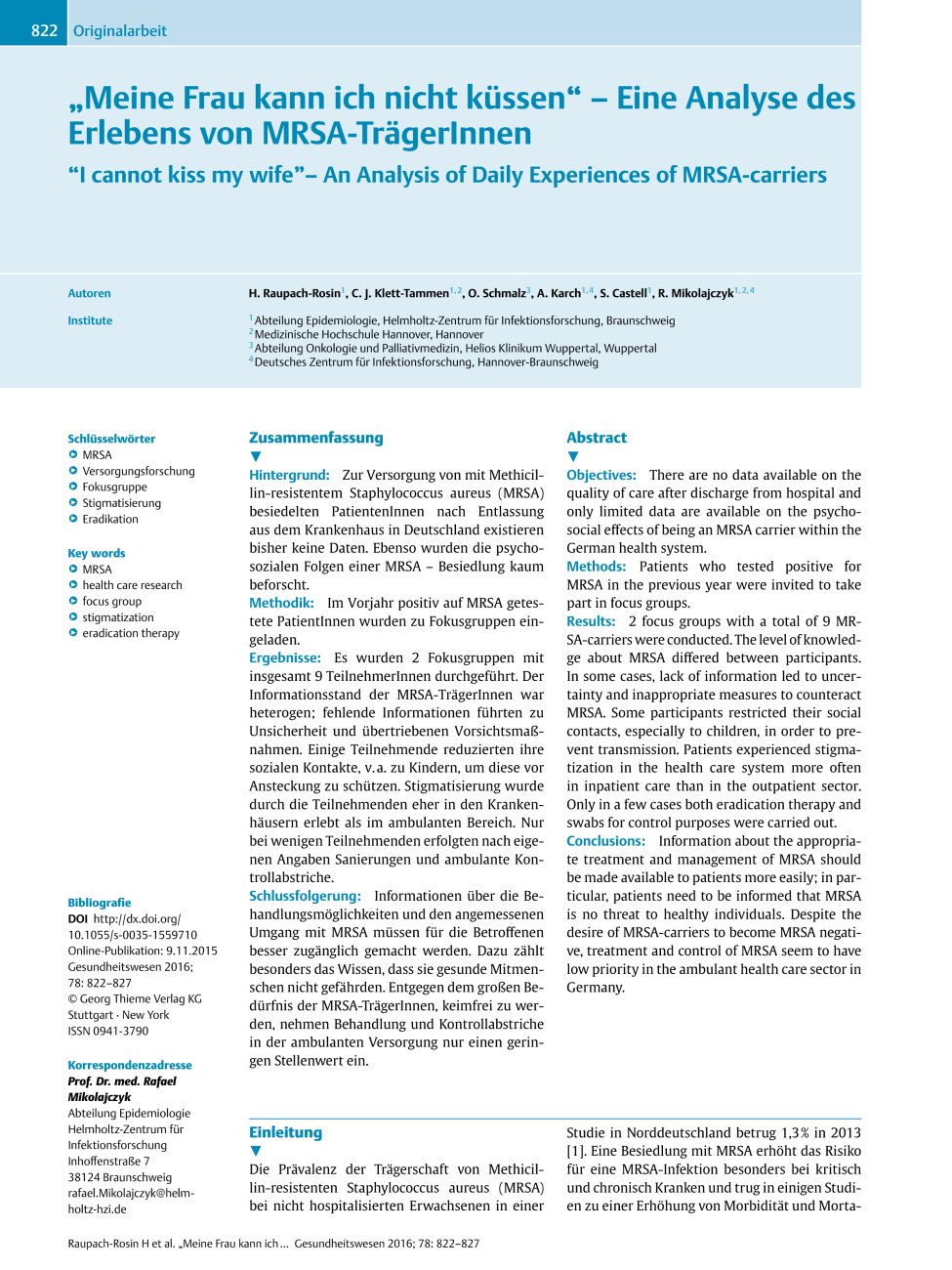 Vorschauseite 1: ? Meine Frau kann ich nicht küssen? ? Eine Analyse des Erlebens von MRSA-TrägerInnen