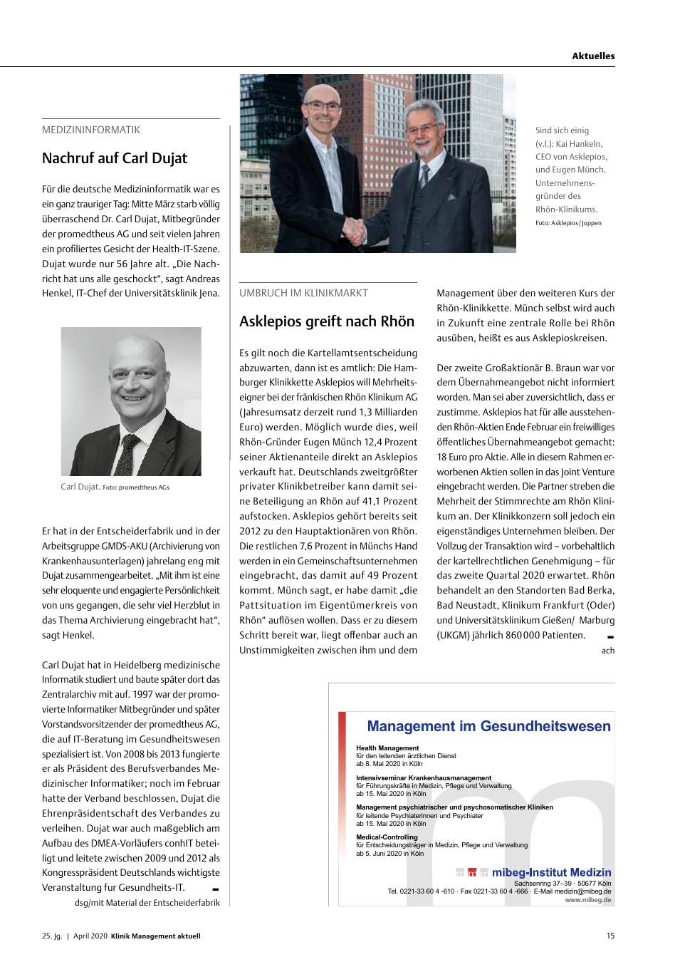 Vorschauseite 1: MEDIZININFORMATIK: Nachruf auf Carl Dujat