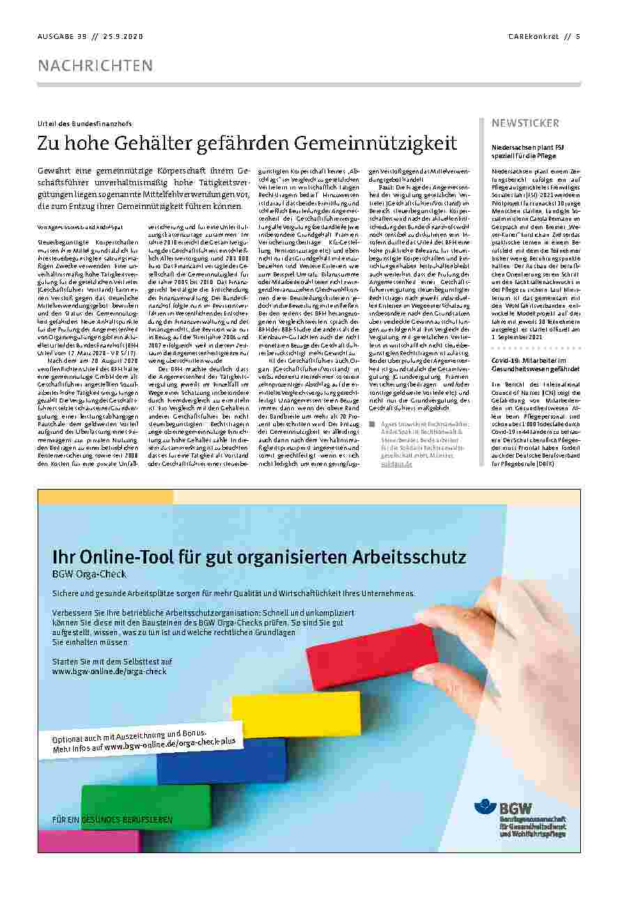 Vorschauseite 1: Zu hohe Gehälter gefährden Gemeinnützigkeit