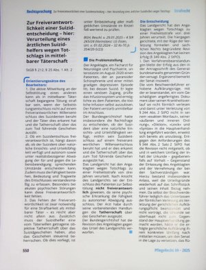 Vorschauseite 1: Zur Freiverantwortlichkeit einer Suizidentscheidung - hier: Verurteilung eines ärztlichen Suizid helfers wegen Totschlags in mittelbarer Täterschaft