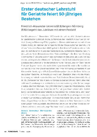 Vorschauseite 1: Erster deutscher Lehrstuhl für Geriatrie feiert 50-jähriges Bestehen.