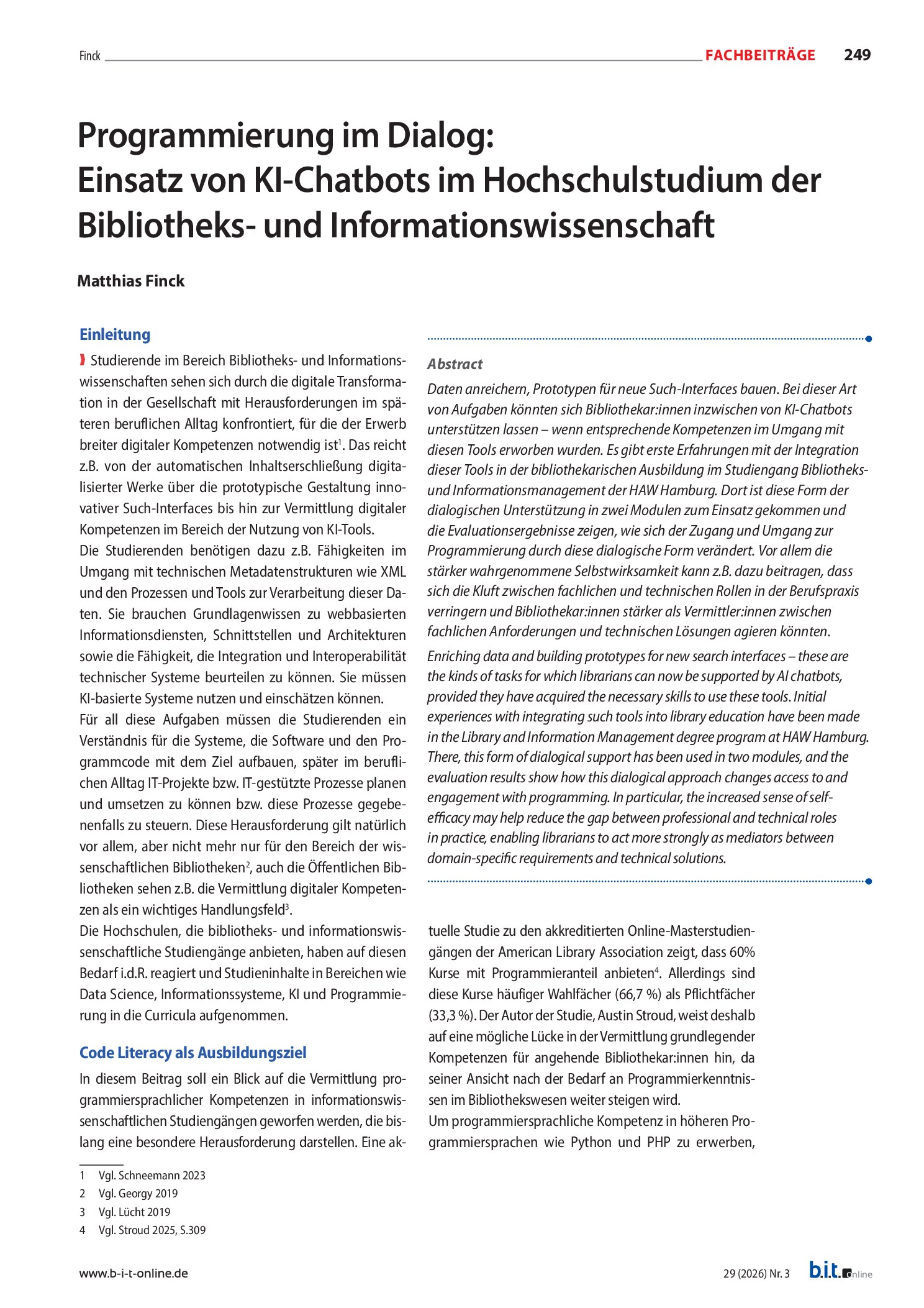 Vorschauseite 1: Programmierung im Dialog: Einsatz von KI-Chatbots im Hochschulstudium der Bibliotheks- und Informationswissenschaft