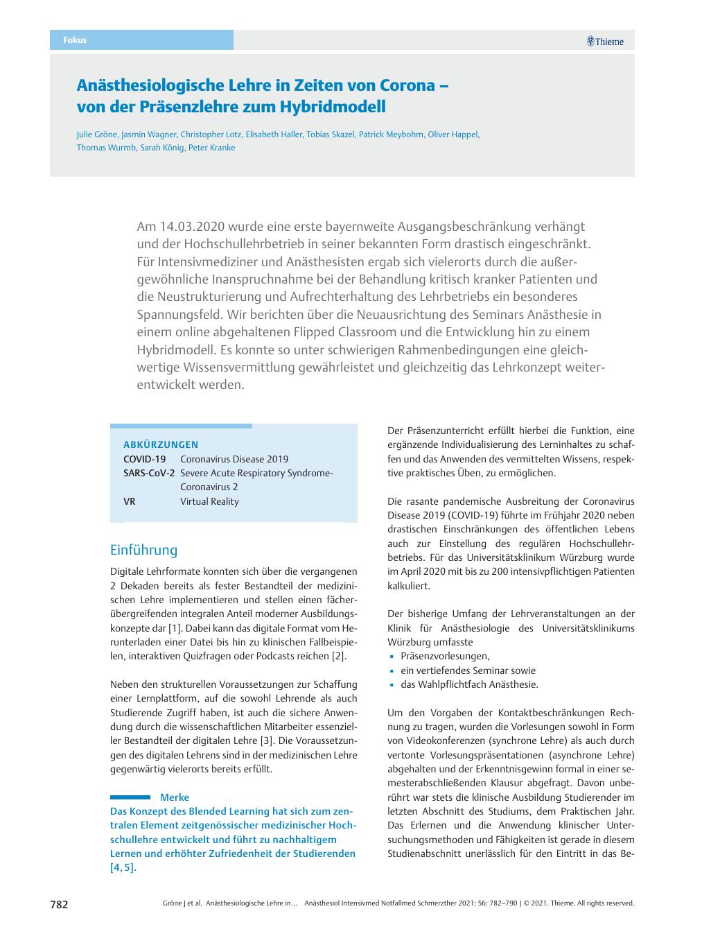 Vorschauseite 1: Anästhesiologische Lehre in Zeiten von Corona – von der Präsenzlehre zum Hybridmodell