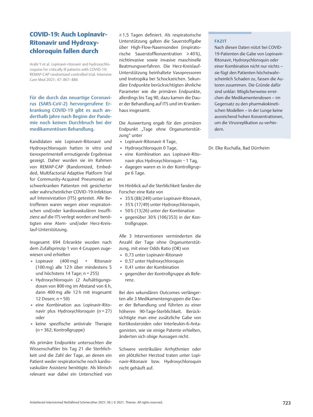 Vorschauseite 1: COVID-19: Auch Lopinavir-Ritonavir und Hydroxychloroquin fallen durch