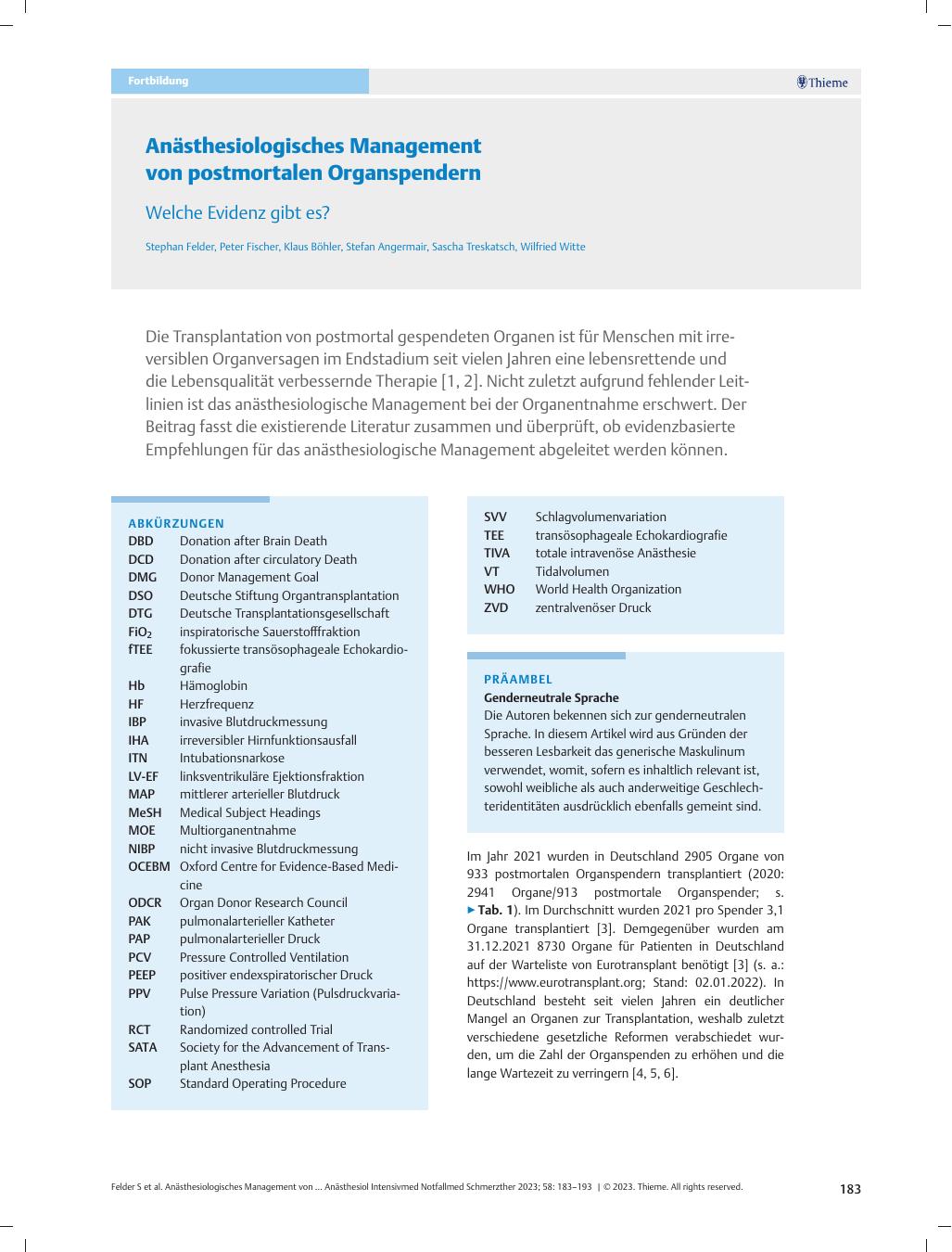 Vorschauseite 1: Anästhesiologisches Management von postmortalen Organspendern