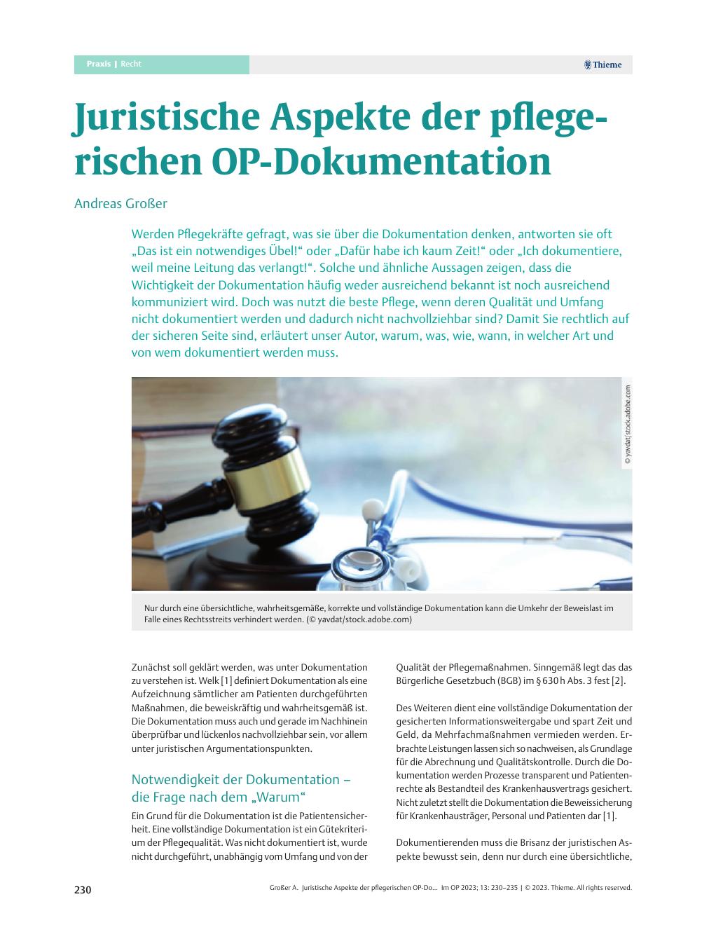 Vorschauseite 1: Juristische Aspekte der pflegerischen OP-Dokumentation