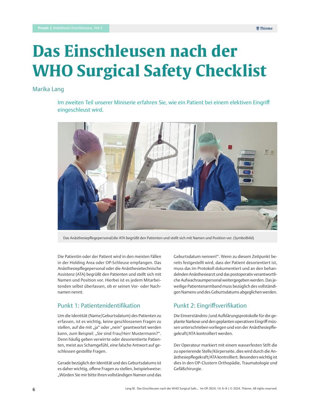 Vorschauseite 1: Das Einschleusen nach der WHO Surgical Safety Checklist