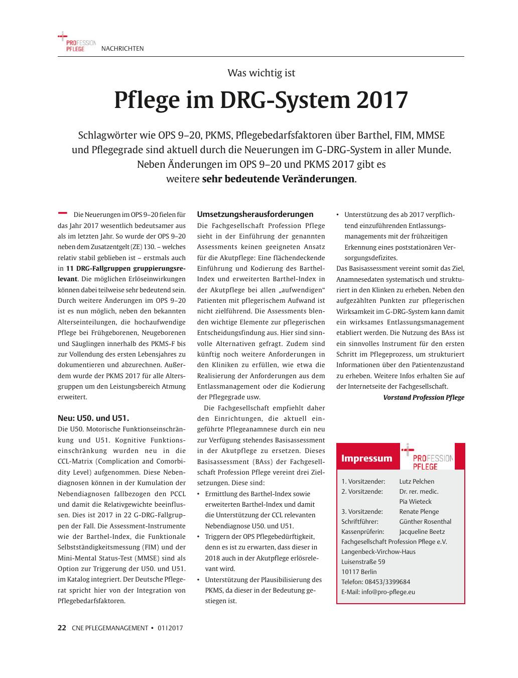 Vorschauseite 1: Pflege im DRG-System 2017