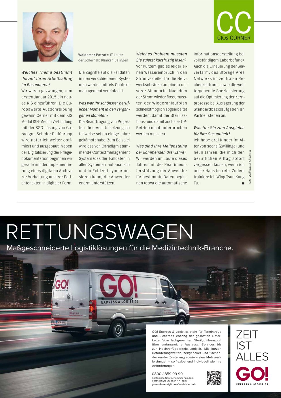 Vorschauseite 1: Waldemar Potratz: IT-Leiter der Zollernalb Kliniken Balingen