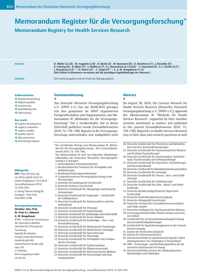 Vorschauseite 1: Memorandum Register für die Versorgungsforschung