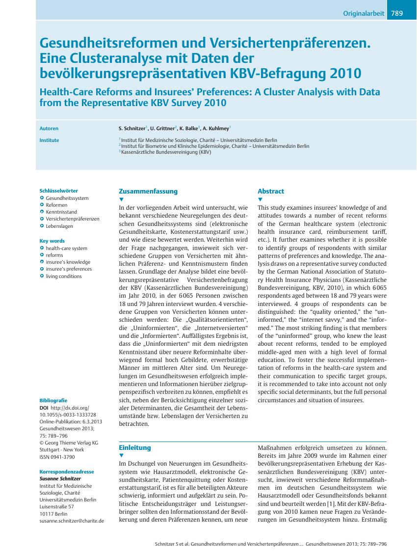 Vorschauseite 1: Gesundheitsreformen und Versichertenpräferenzen. Eine Clusteranalyse mit Daten der bevölkerungsrepräsentativen KBV-Befragung 2010