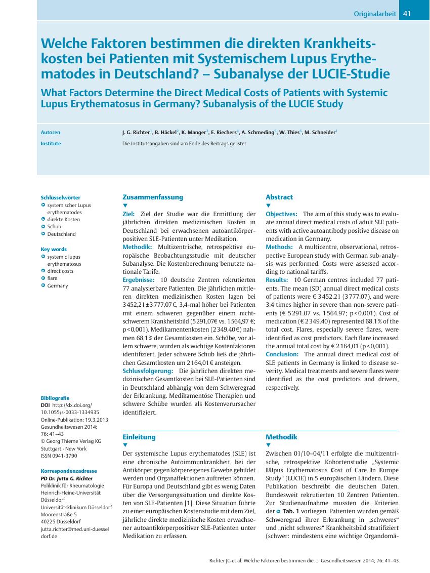 Vorschauseite 1: Welche Faktoren bestimmen die direkten Krankheitskosten bei Patienten mit Systemischem Lupus Erythematodes in Deutschland? – Subanalyse der LUCIE-Studie