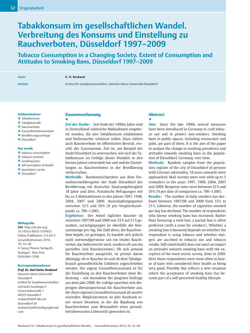 Vorschauseite 1: Tabakkonsum im gesellschaftlichen Wandel. Verbreitung des Konsums und Einstellung zu Rauchverboten, Düsseldorf 1997 – 2009