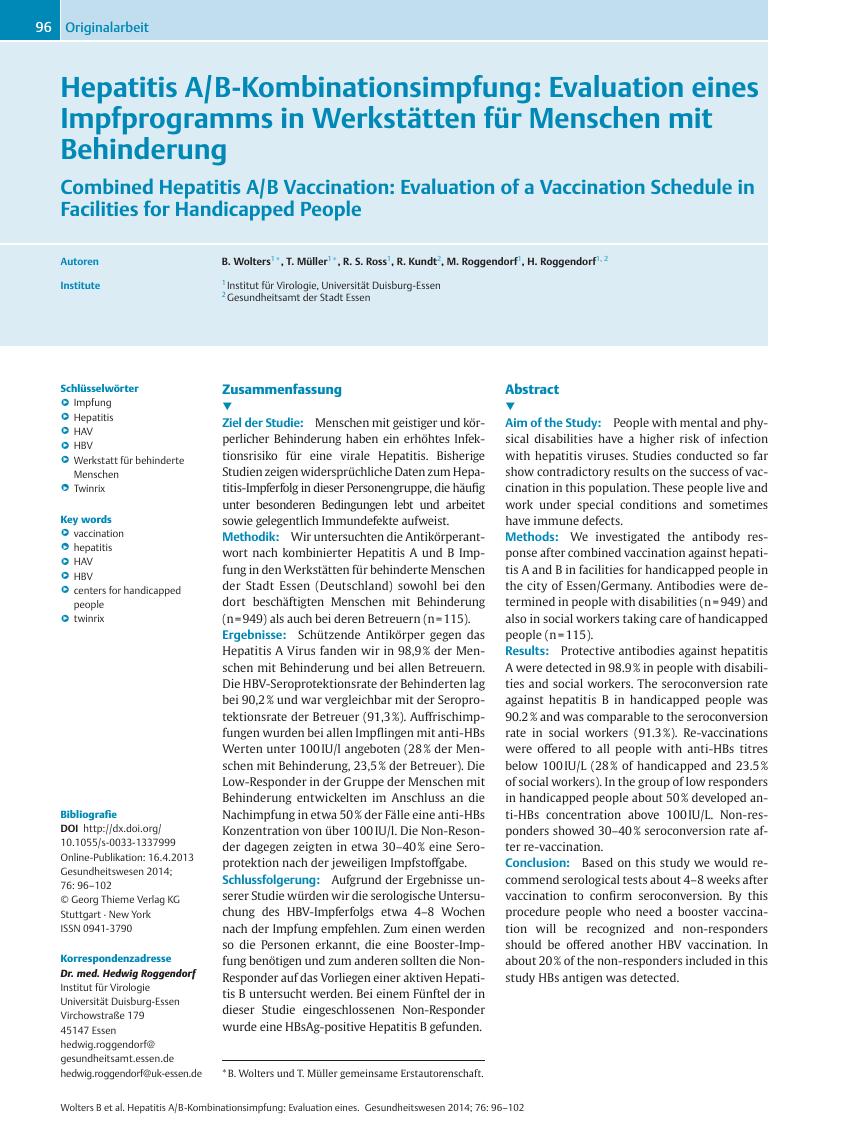 Vorschauseite 1: Hepatitis A/B-Kombinationsimpfung: Evaluation eines Impfprogramms in Werkstätten für Menschen mit Behinderung