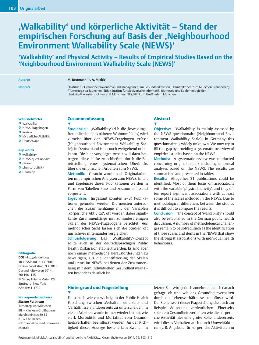 Vorschauseite 1: ‚Walkability‘ und körperliche Aktivität – Stand der empirischen Forschung auf Basis der ‚Neighbourhood Environment Walkability Scale (NEWS)‘
