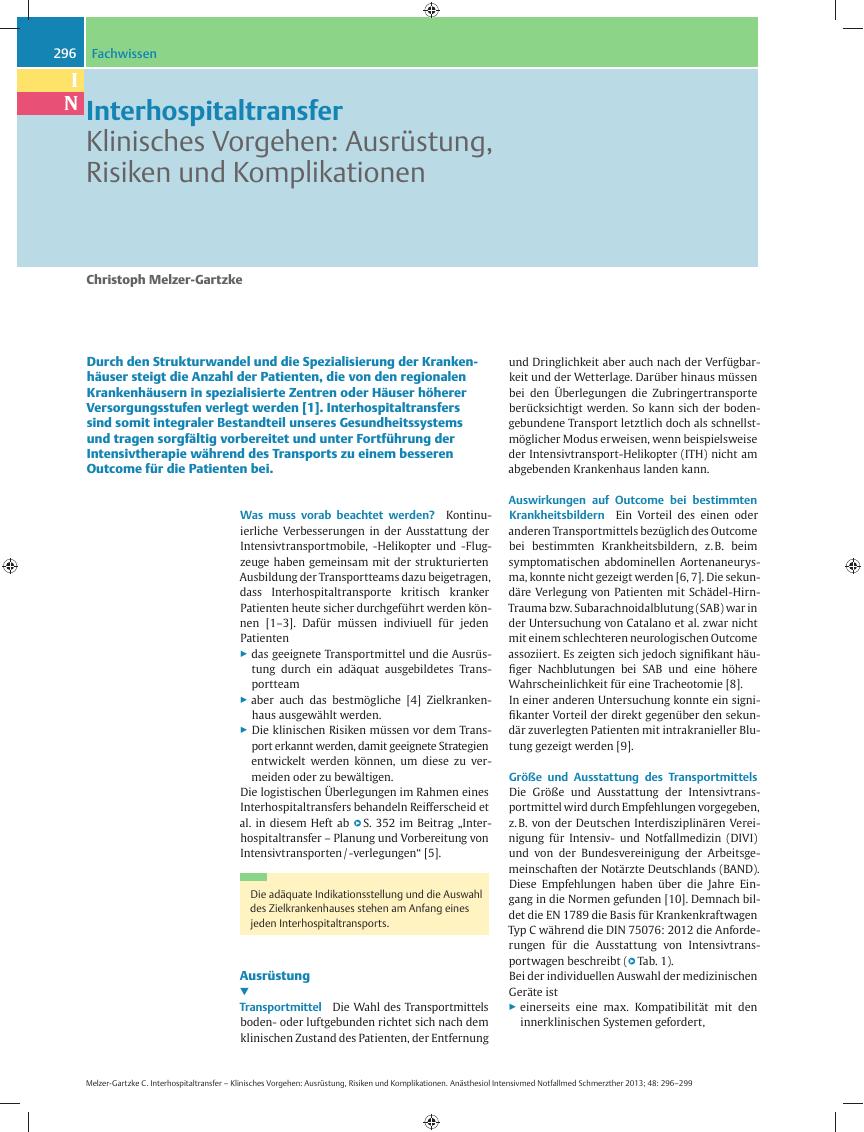 Vorschauseite 1: Interhospitaltransfer – Klinisches Vorgehen: Ausrüstung, Risiken und Komplikationen